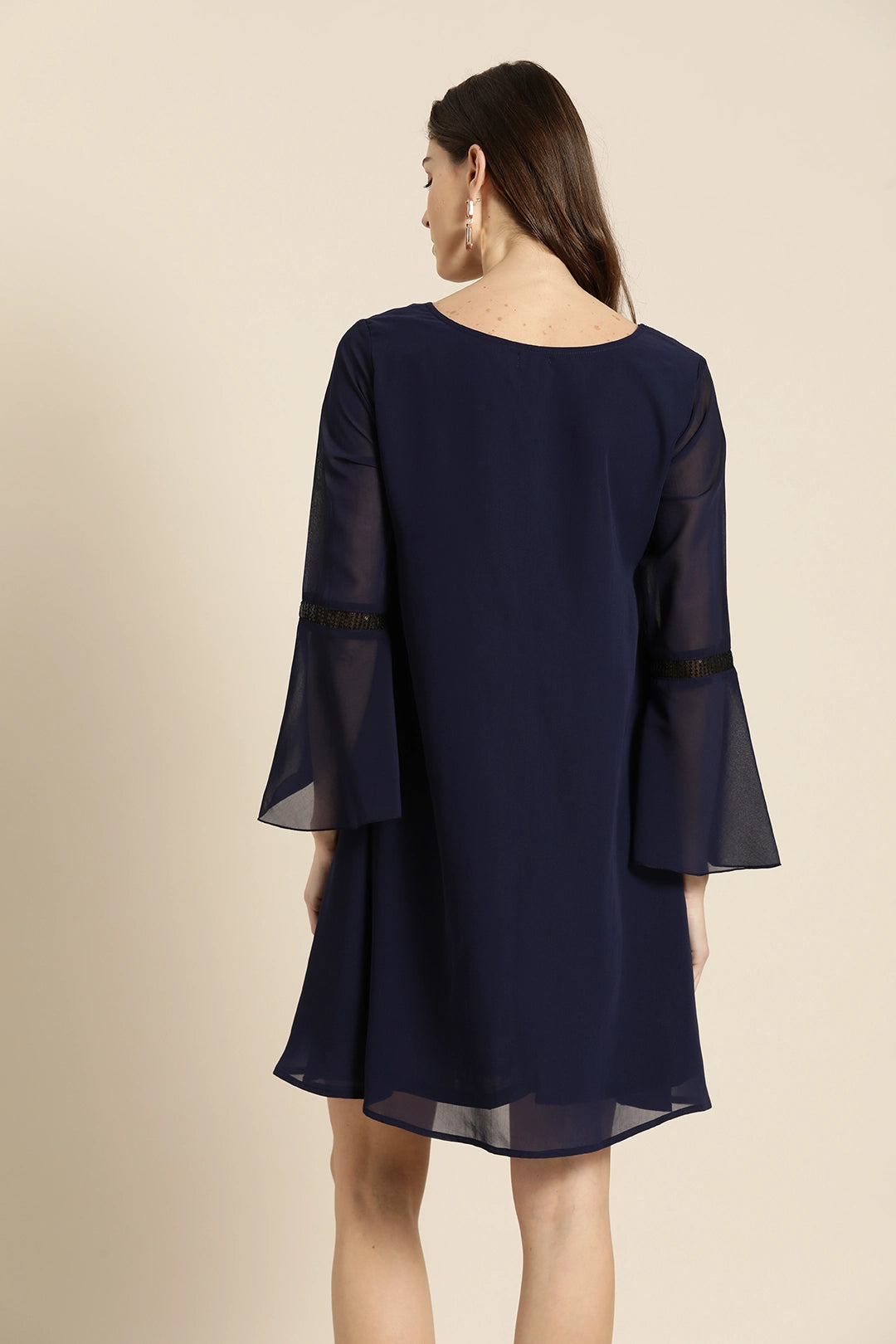 Solid Dark Navy Regular Fit V Neck Three Quarter Bell Sleeve Georgette Dress