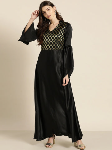 Qurvii Women Black Woven Design Detail Maxi Dress With Satin Finish