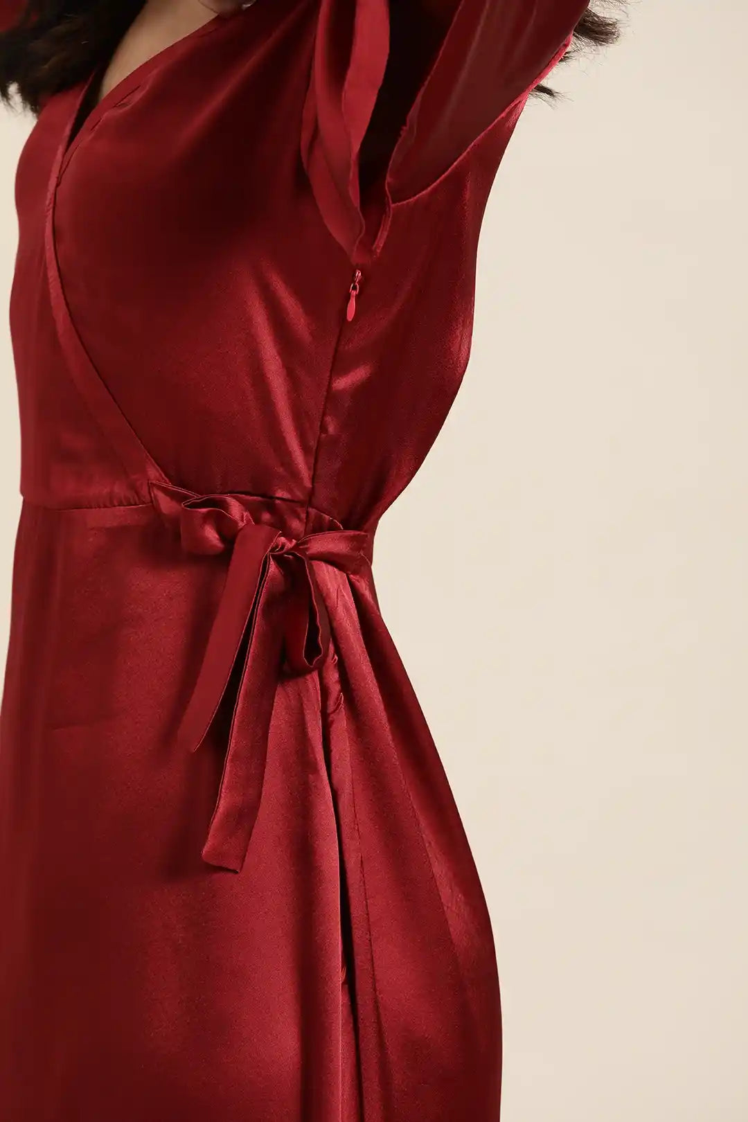 Solid Dark Maroon Slim Fit V Neck Short Bell Sleeve Satin Dress