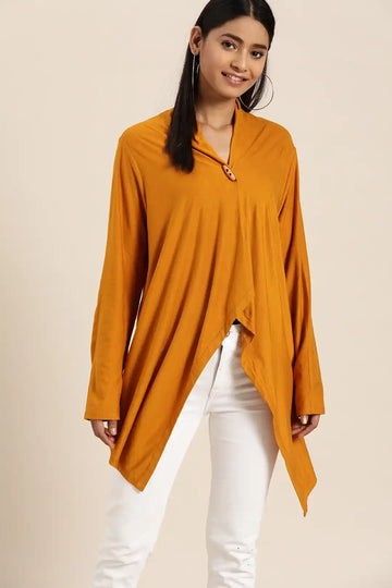 Solid Dark Yellow Regular Fit V Neck Full Long Sleeve Jersey Shrug