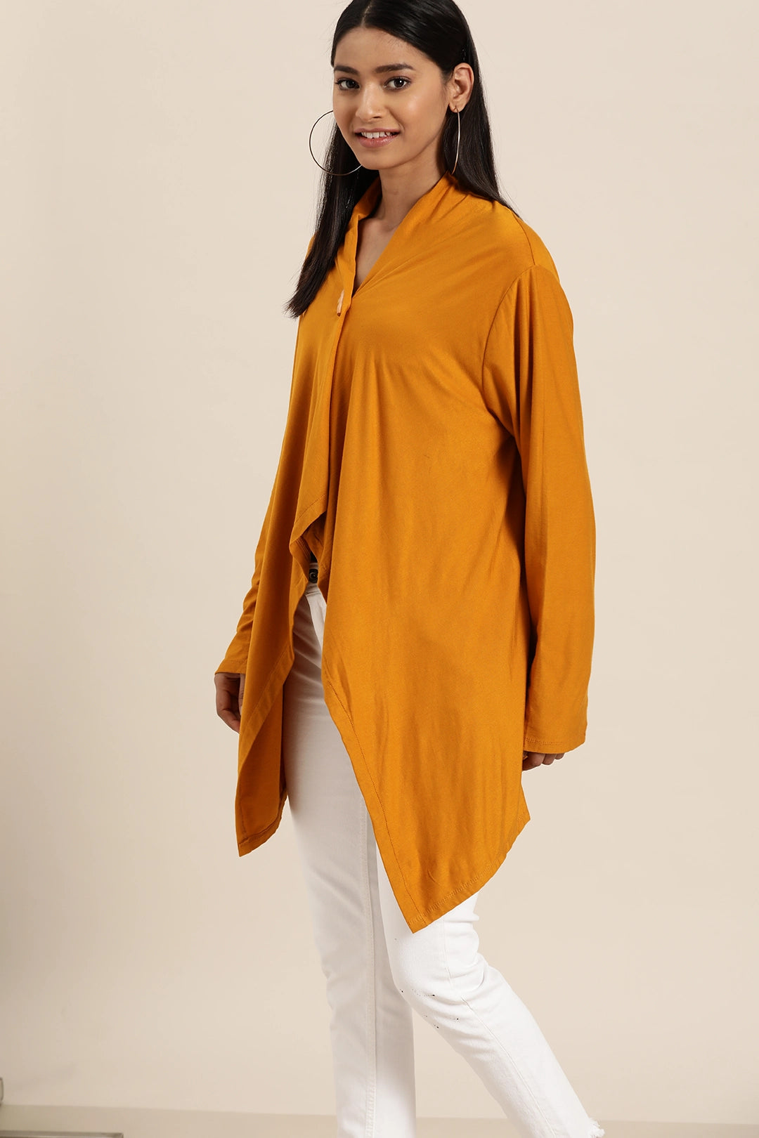 Solid Dark Yellow Regular Fit V Neck Full Long Sleeve Jersey Shrug