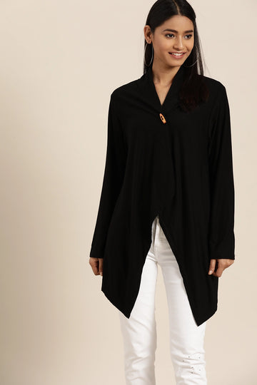 Solid Dark Black Regular Fit V Neck Full  Jersey Shrug