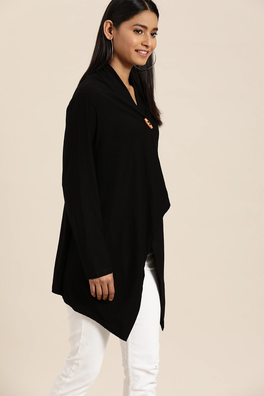 Solid Dark Black Regular Fit V Neck Full  Jersey Shrug