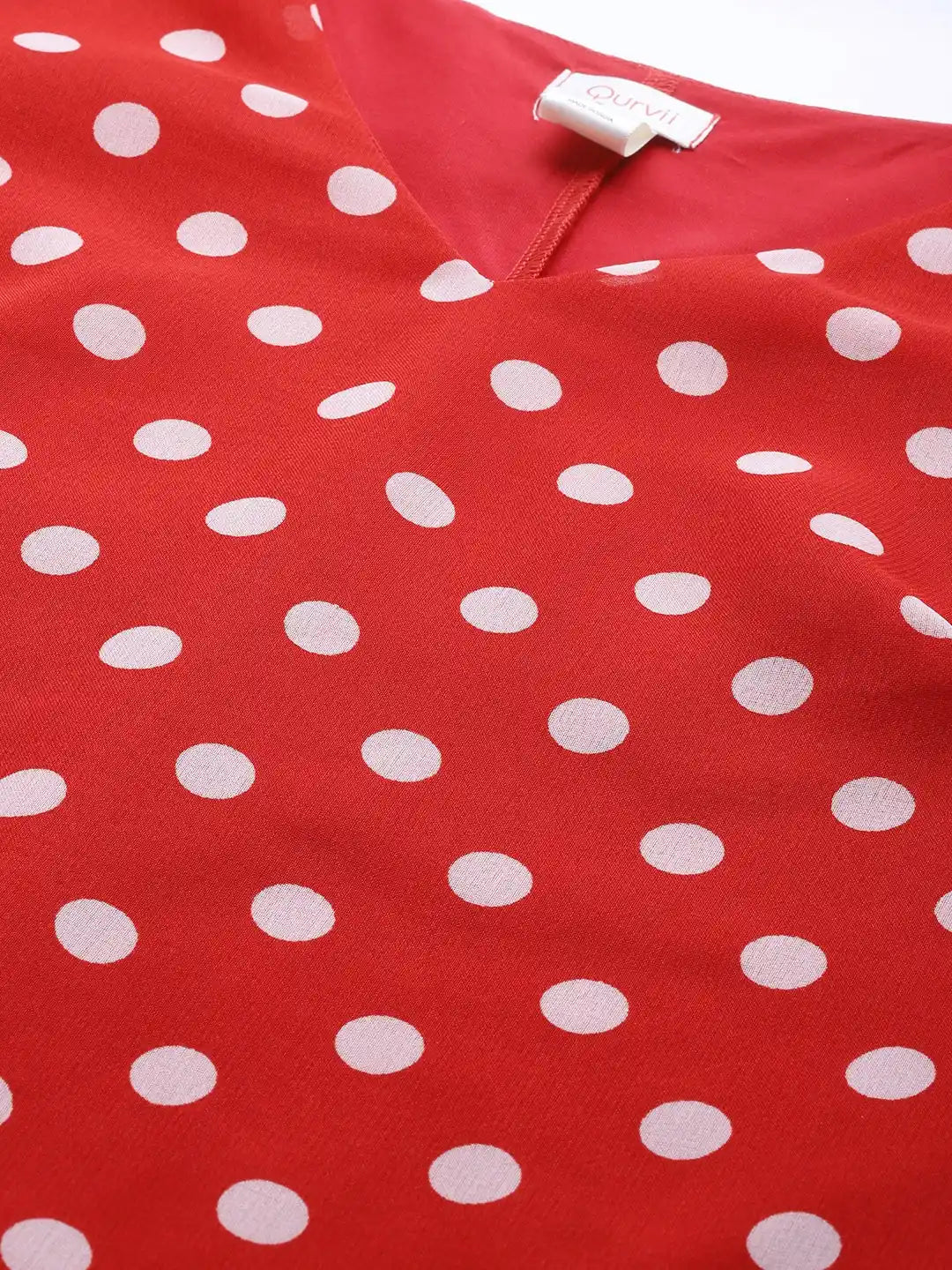 Polka Dark Red Regular Fit V Neck Three Quarter  Georgette Dress