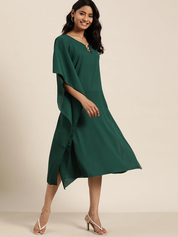 Solid Dark Green Regular Fit V Neck Elbow Length  Moss Crepe Kaftan