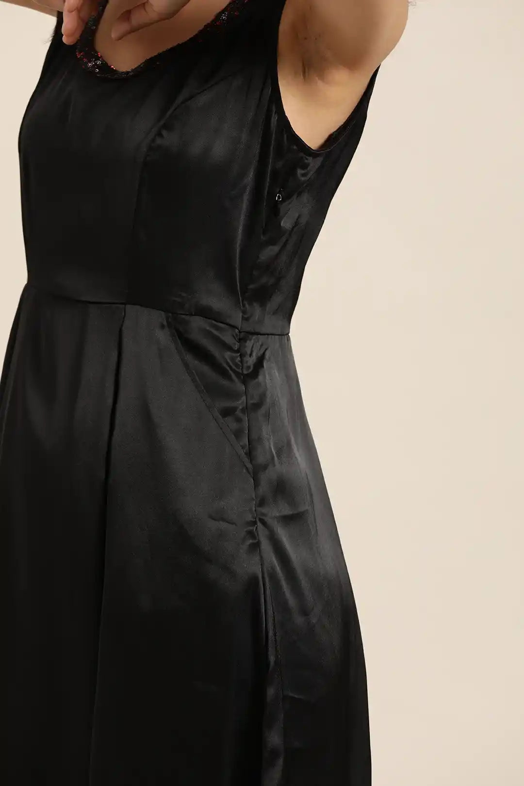 Qurvii Women Black Satin Finish Solid A-Line Dress