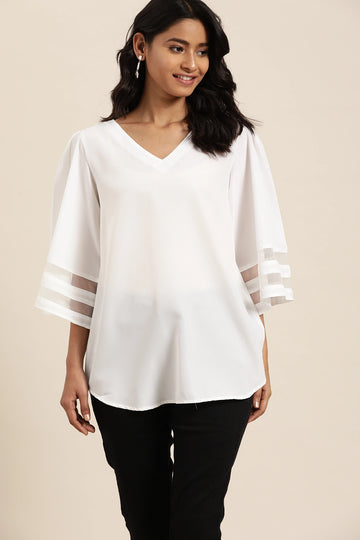 Solid Light White Regular Fit V Neck Three Quarter Bell Sleeve Crepe Top