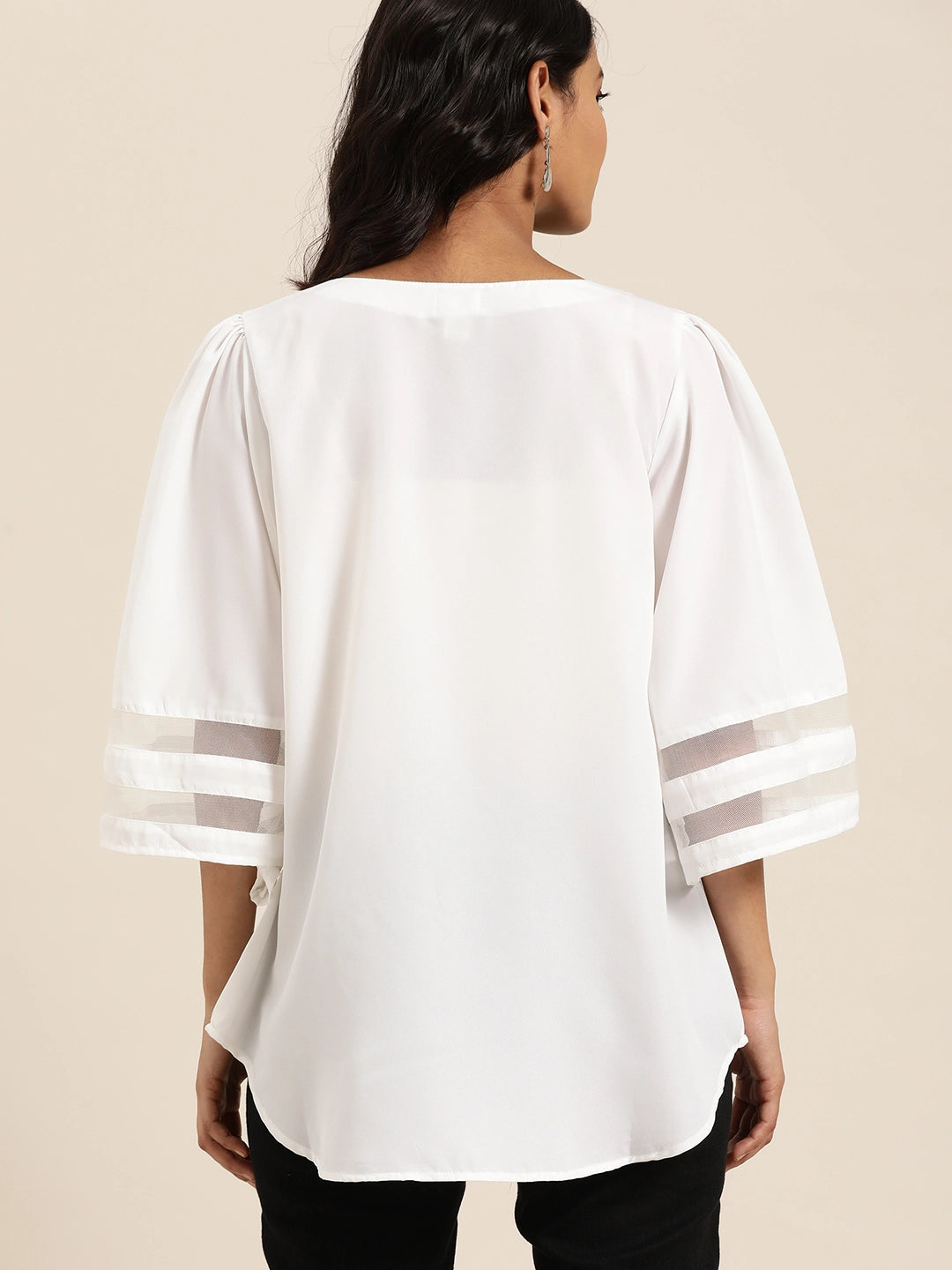 Solid Light White Regular Fit V Neck Three Quarter Bell Sleeve Crepe Top