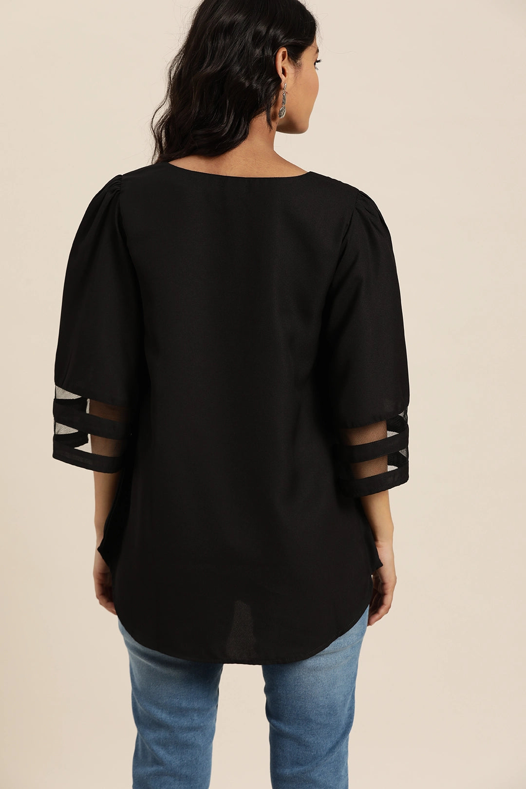 Solid Dark Black Relaxed Fit V Neck Three Quarter Bell Sleeve Crepe Top