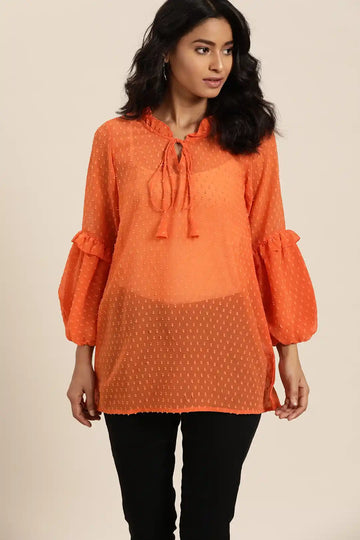 Swiss dott Bright Orange Regular Fit Mandarin Collar Three Quarter  Georgette Top