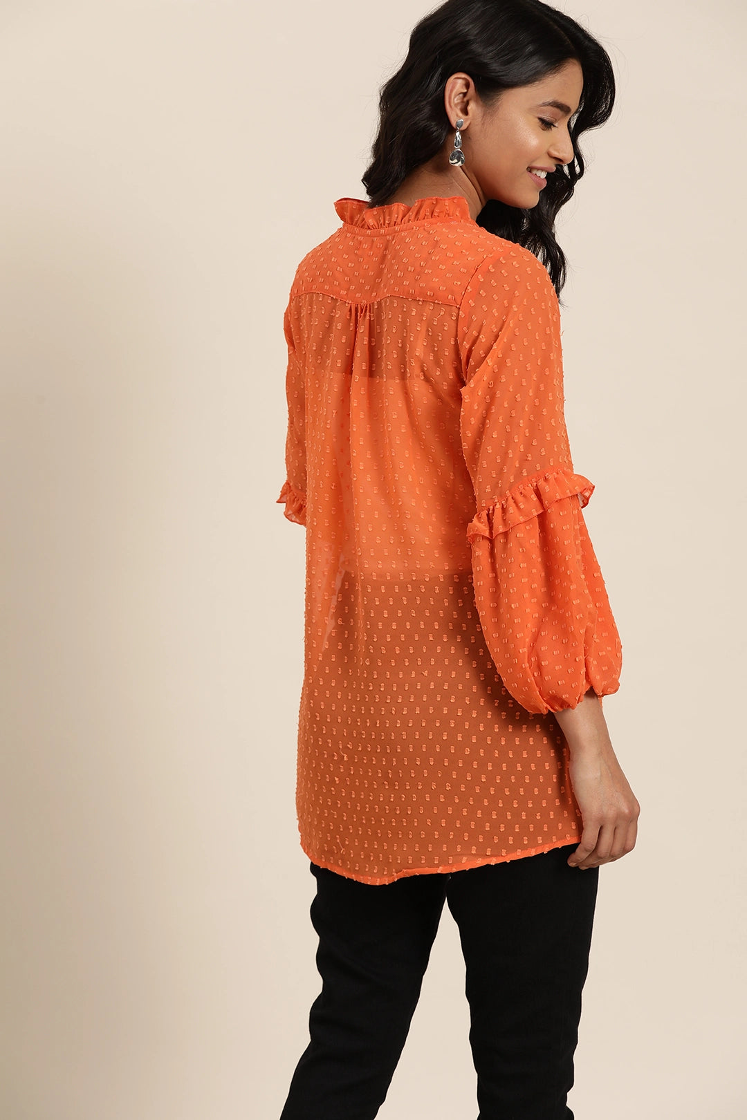 Swiss dott Bright Orange Regular Fit Mandarin Collar Three Quarter  Georgette Top