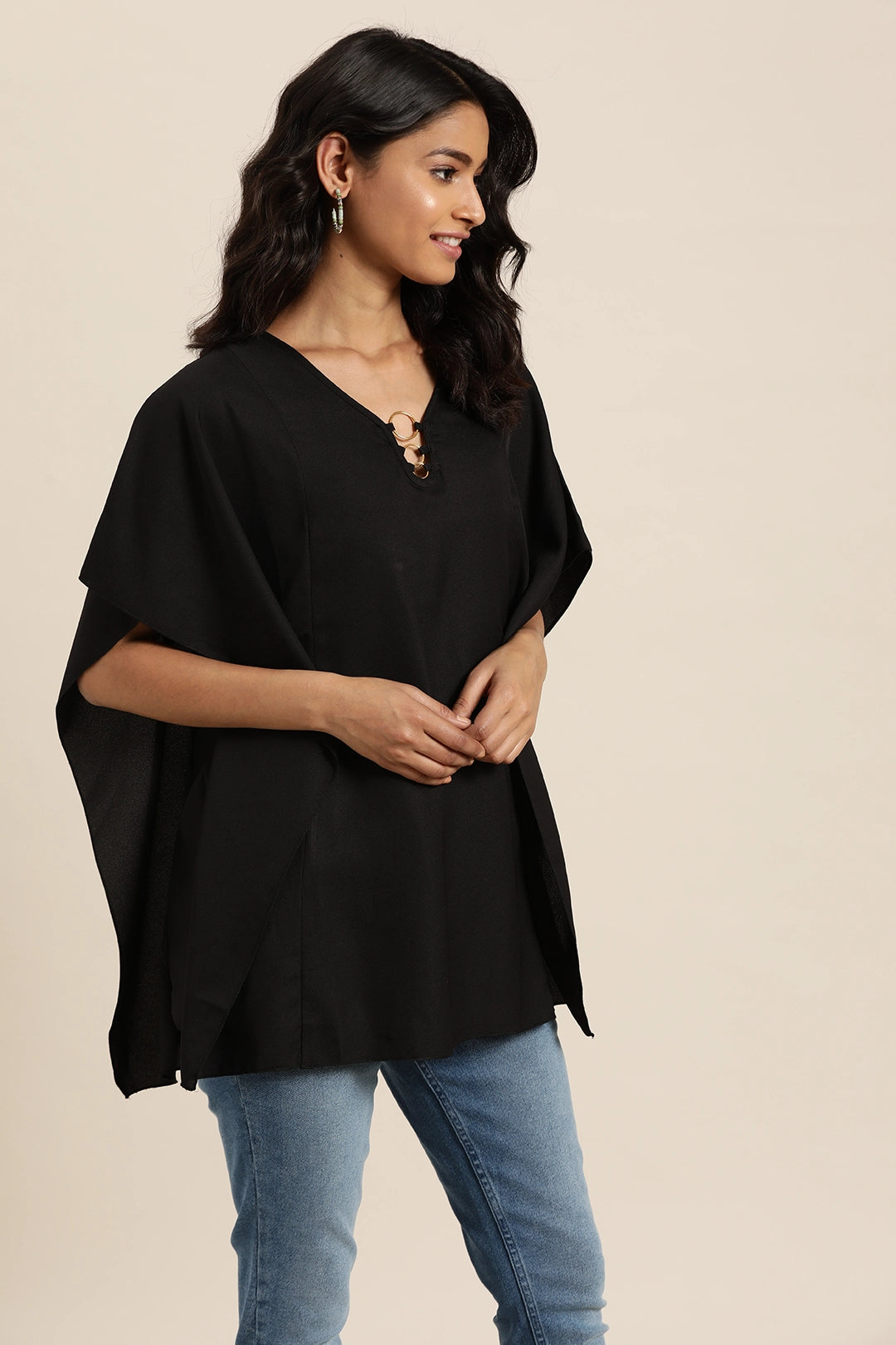 Qurvii Black Solid Kimono Sleeves Crepe Kaftan Top