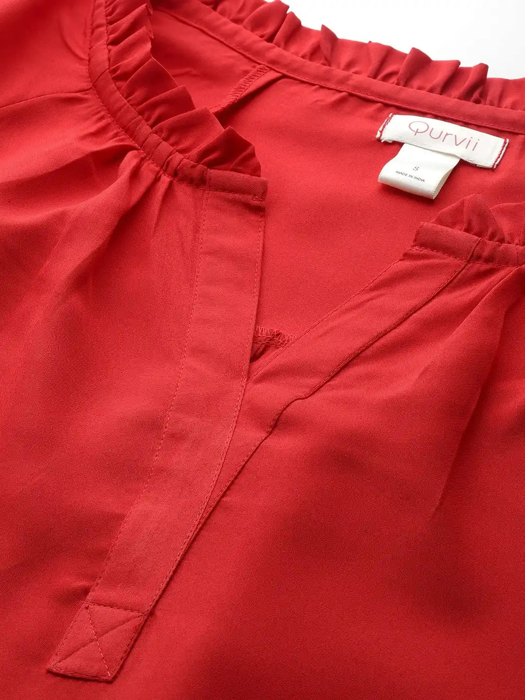 Solid Dark Red Regular Fit Mandarin Collar Full  Crepe Top