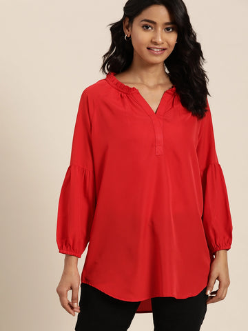 Solid Dark Red Regular Fit Mandarin Collar Full  Crepe Top