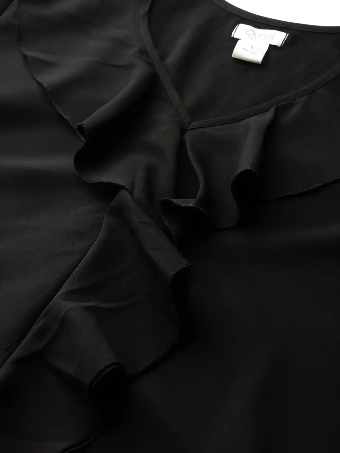 Solid Dark Black Relaxed Fit V Neck Three Quarter Bell Sleeve Crepe Top