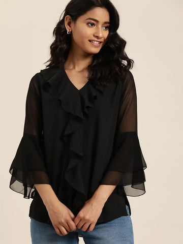 Solid Dark Black Relaxed Fit V Neck Three Quarter Bell Sleeve Crepe Top