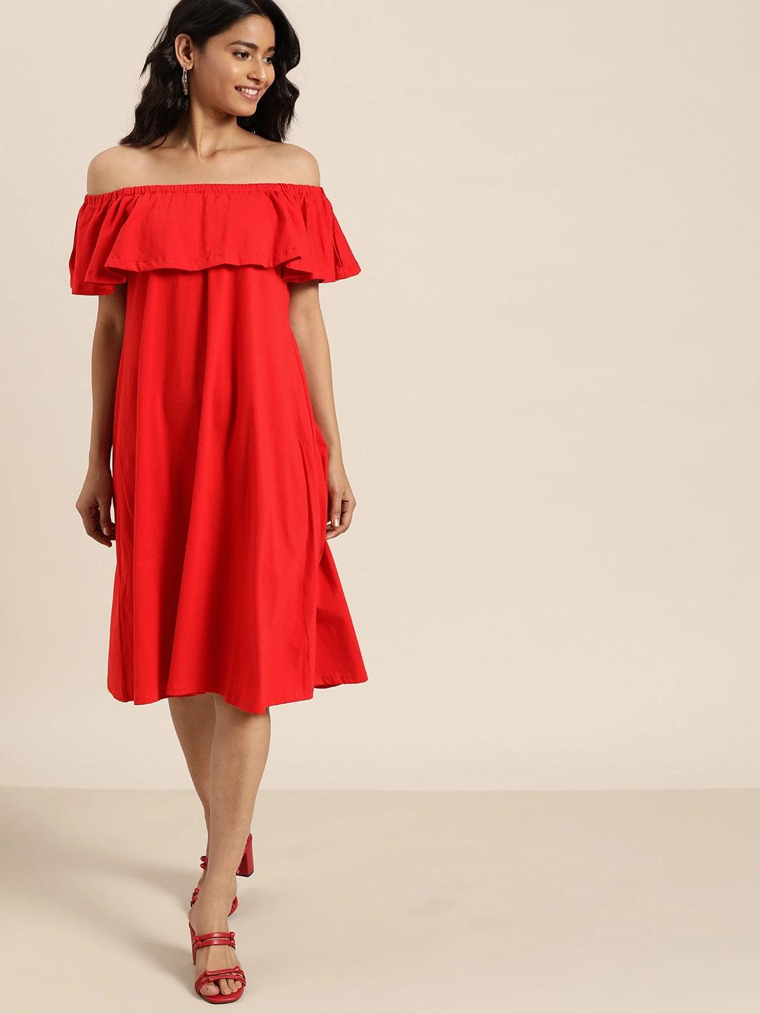 Solid Dark Red Regular Fit Off Shoulder Elbow Length  Jersey Dress