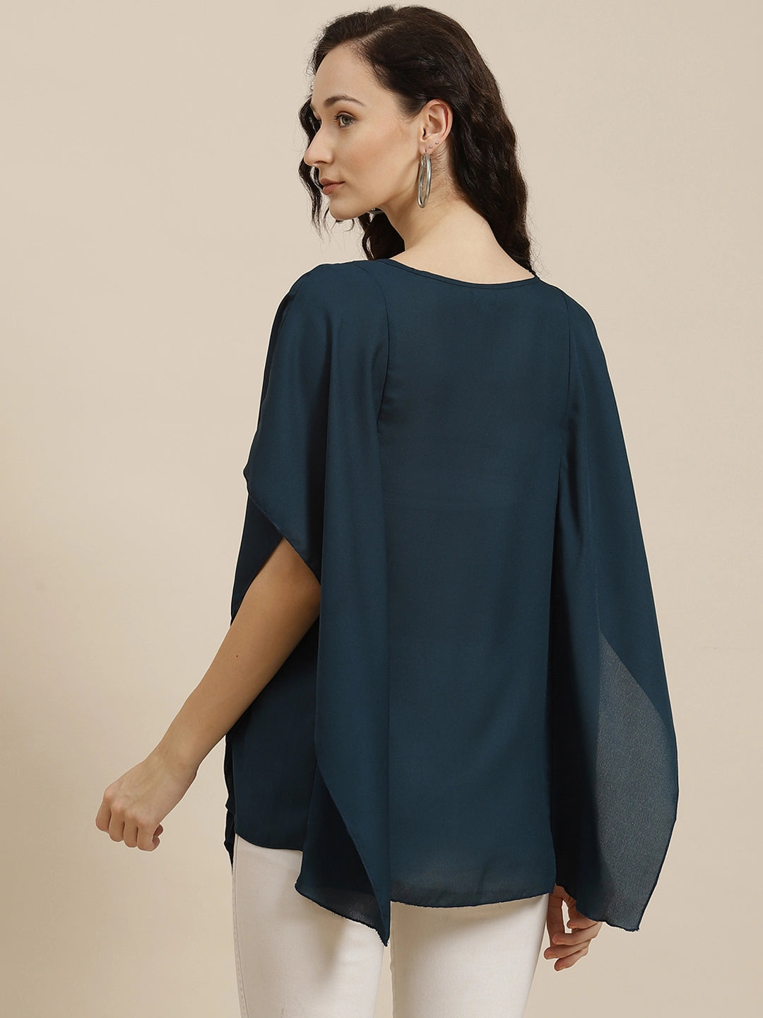 Qurvii Teal Keyhole Neck Crepe Regular Top