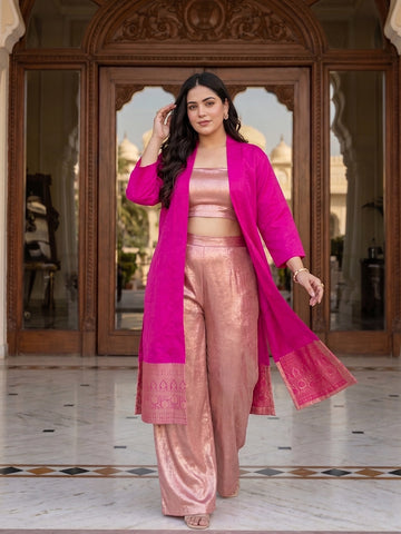 Magenta border brocade shrug