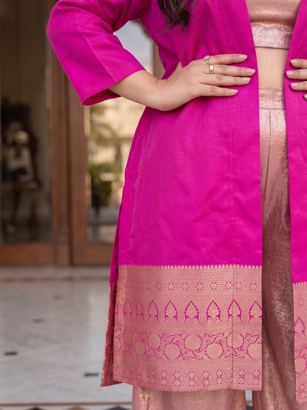 Magenta border brocade shrug