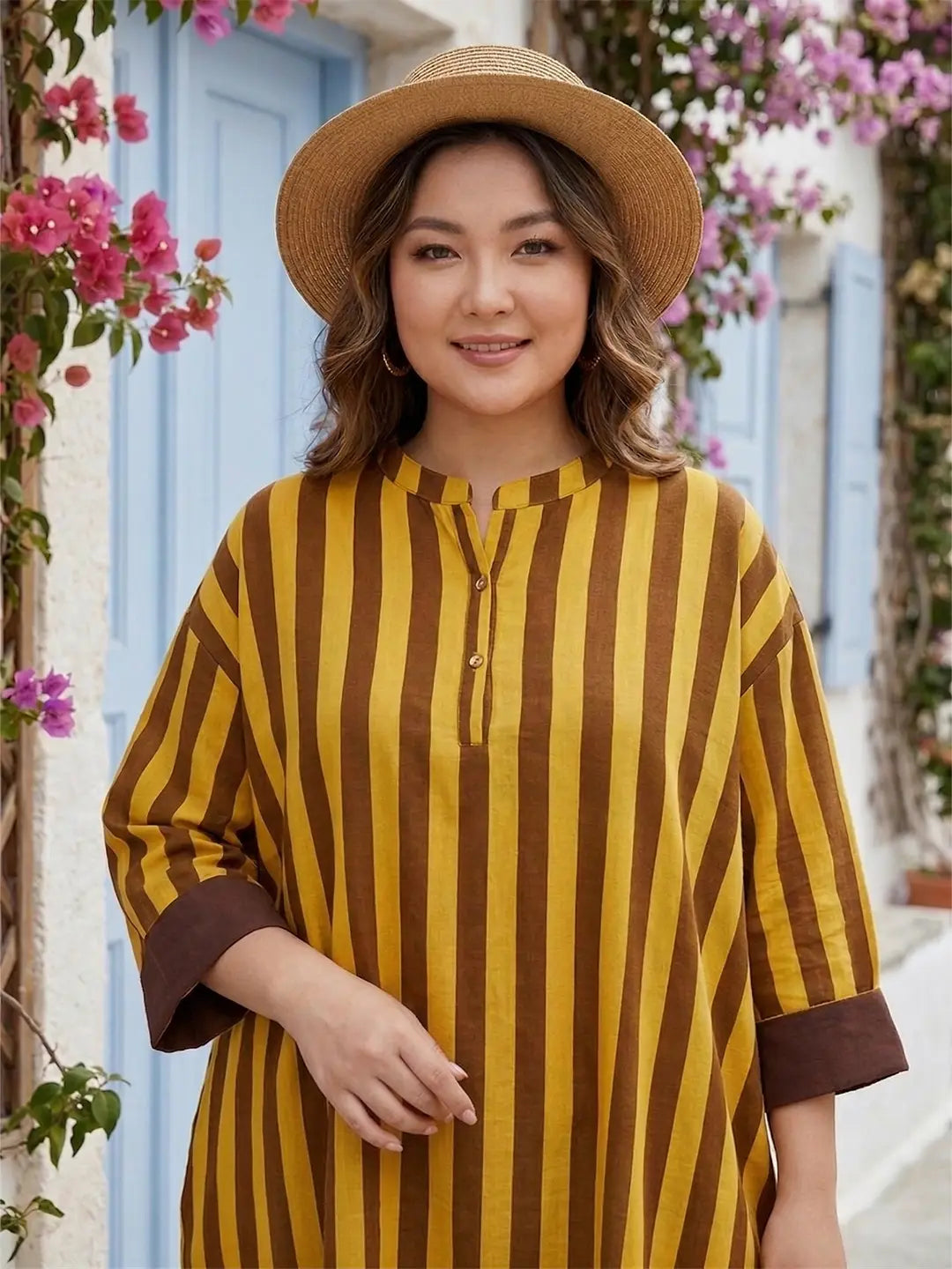 Mandarin collar striped half placket cotton shirt