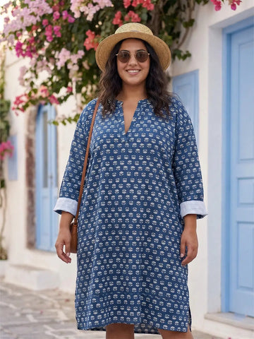 Mandarin collar half placket printed cotton shirt