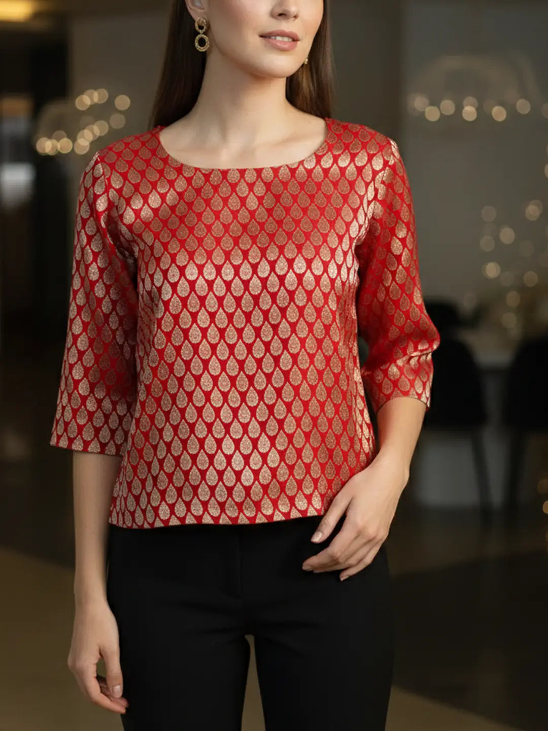Red brocade party top