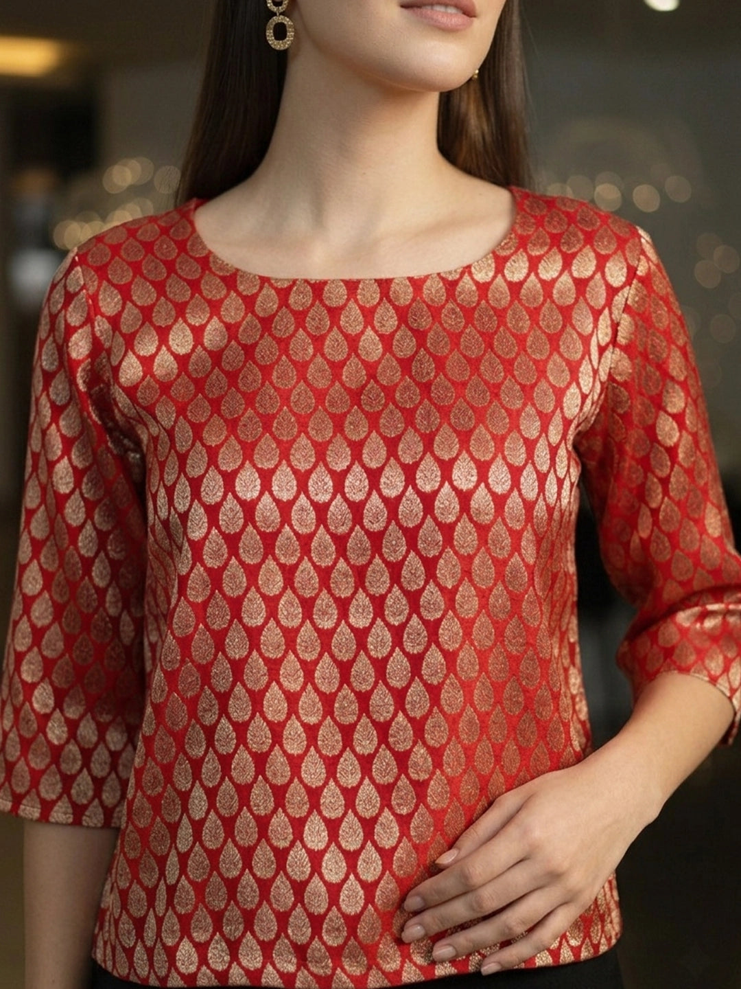 Red brocade party top