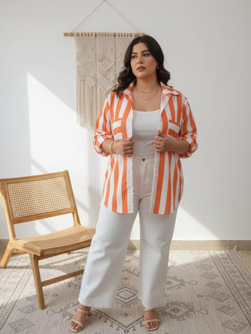 Orange and white stripe high low shirt