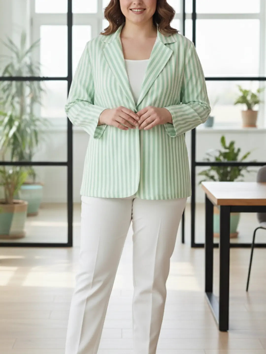 Green and white stripes linen blazer