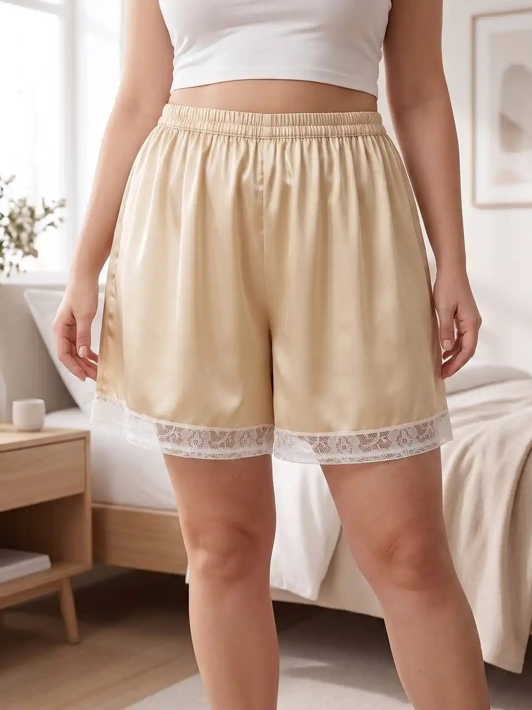 Satin Shorts with Lace Embellishment