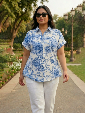 White and blue floral print rayon shirt
