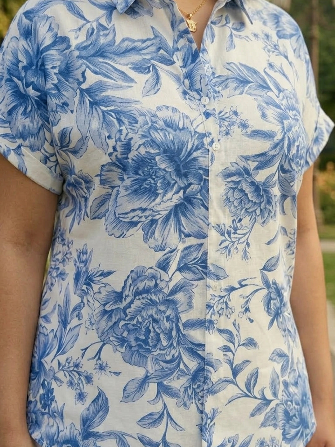 White and blue floral print rayon shirt