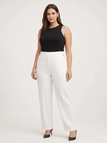 White Women Relaxed Straight Fit High Rise Trousers