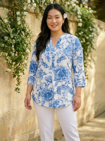 White and blue floral print rayon shirt
