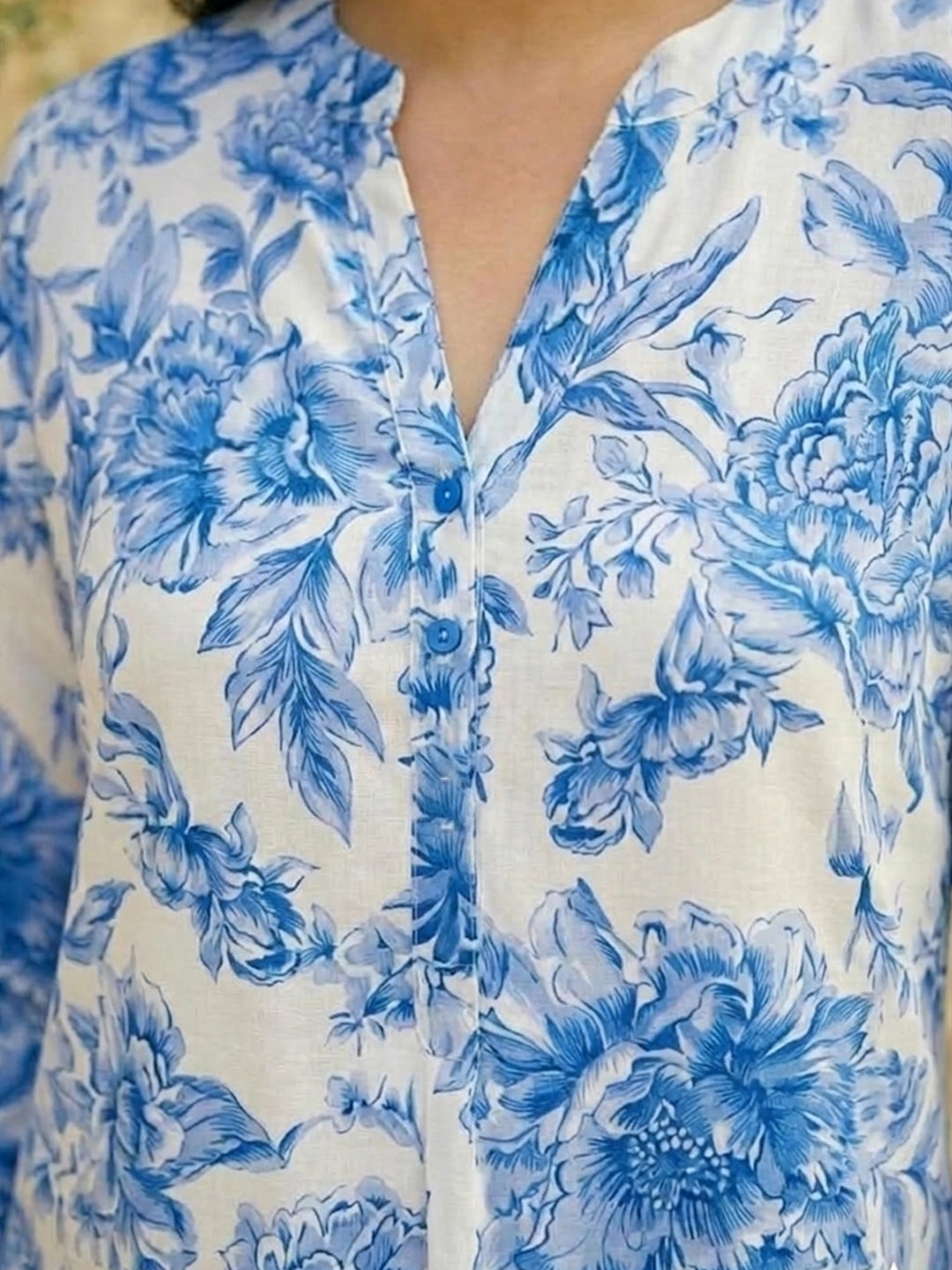 White and blue floral print rayon shirt