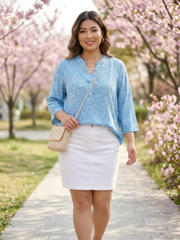 Blue ditsy floral print rayon shirt