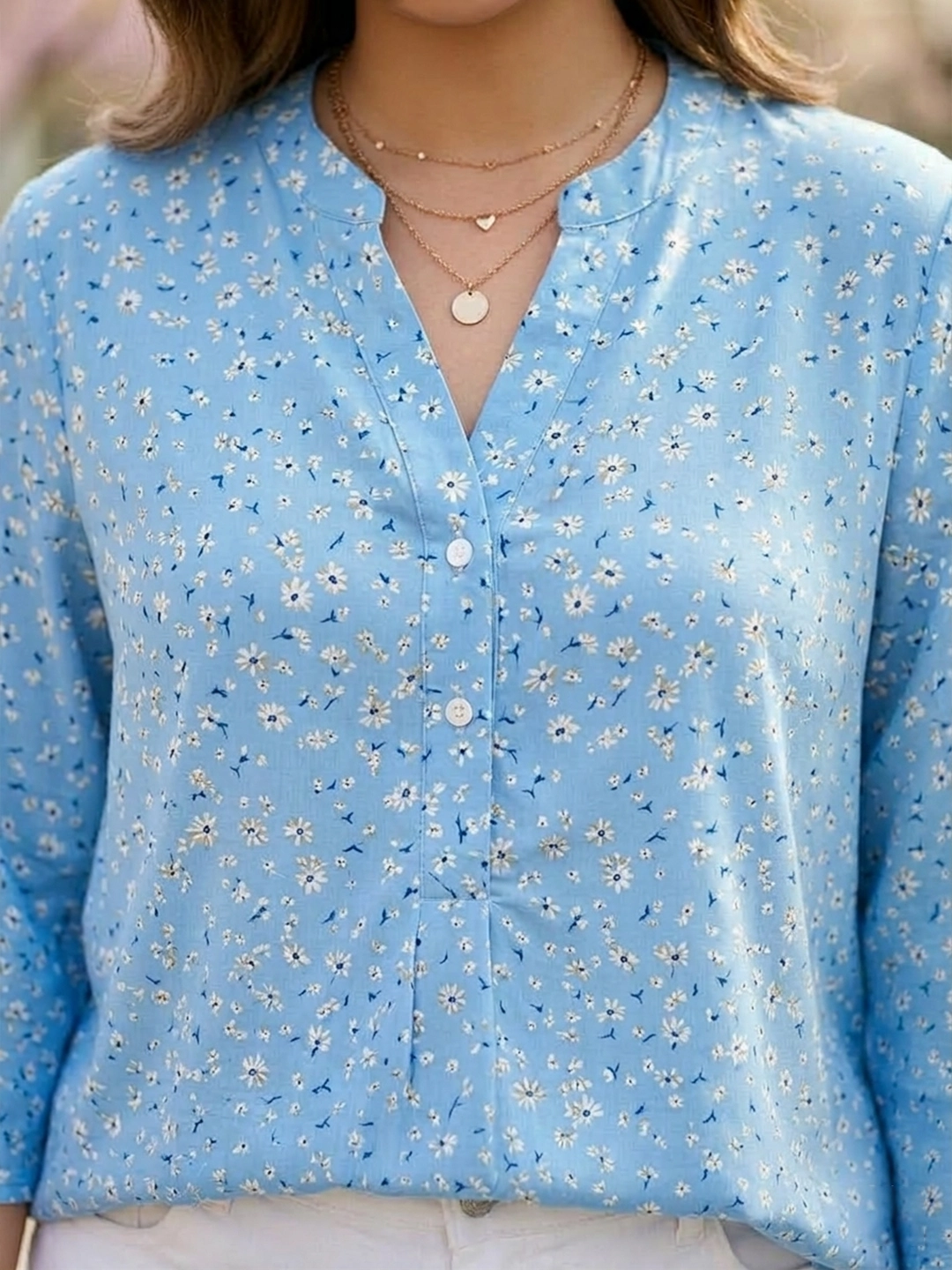 Blue ditsy floral print rayon shirt