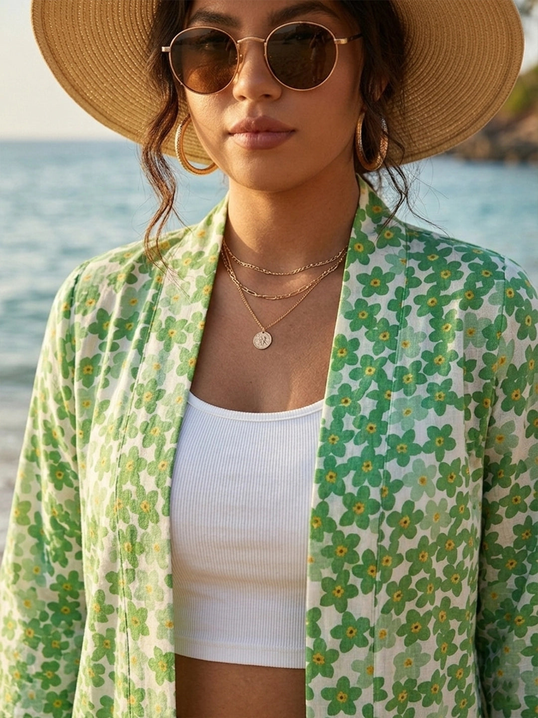 White and green mid length shrug with side slit