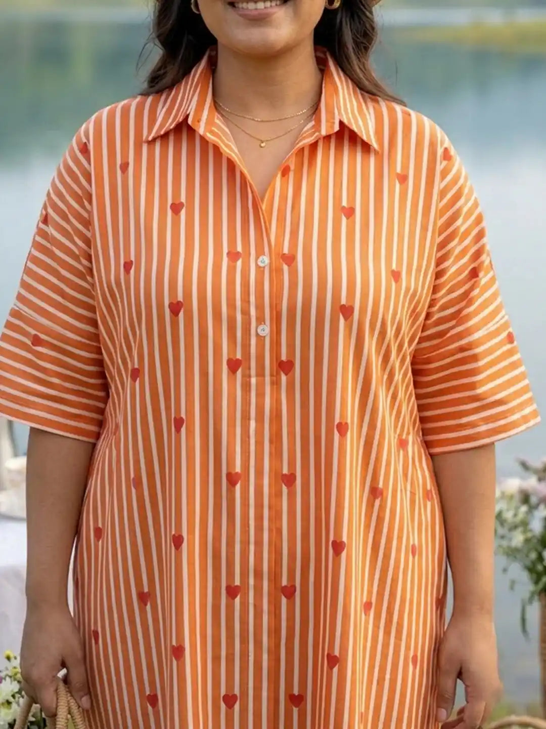 Orange heart print stripe dress