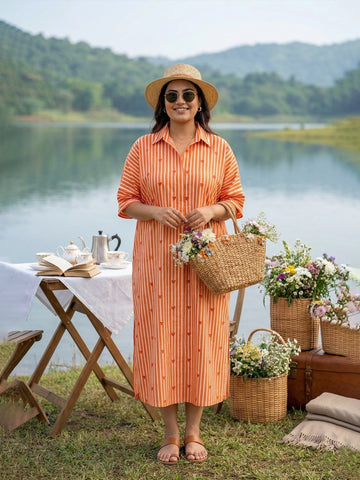 Orange heart print stripe dress