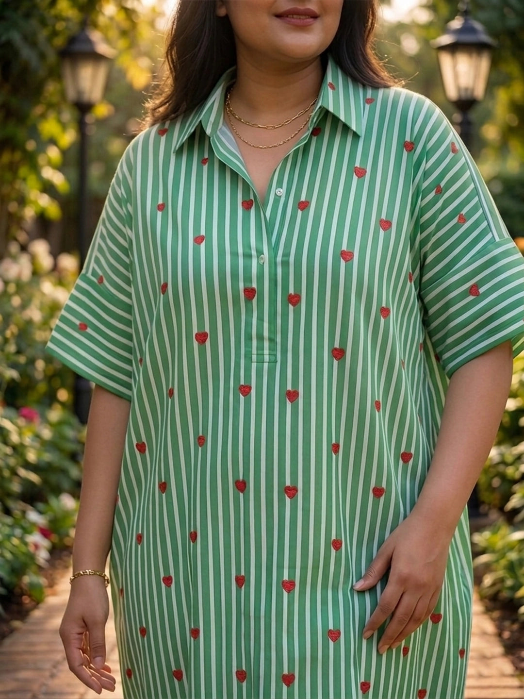 Green heart print stripe oversized dress