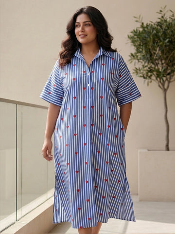 Blue heart  print stripe oversized dress
