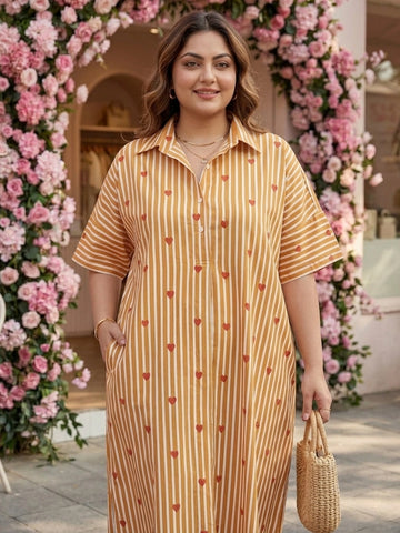 Brown heart print stripe oversized dress
