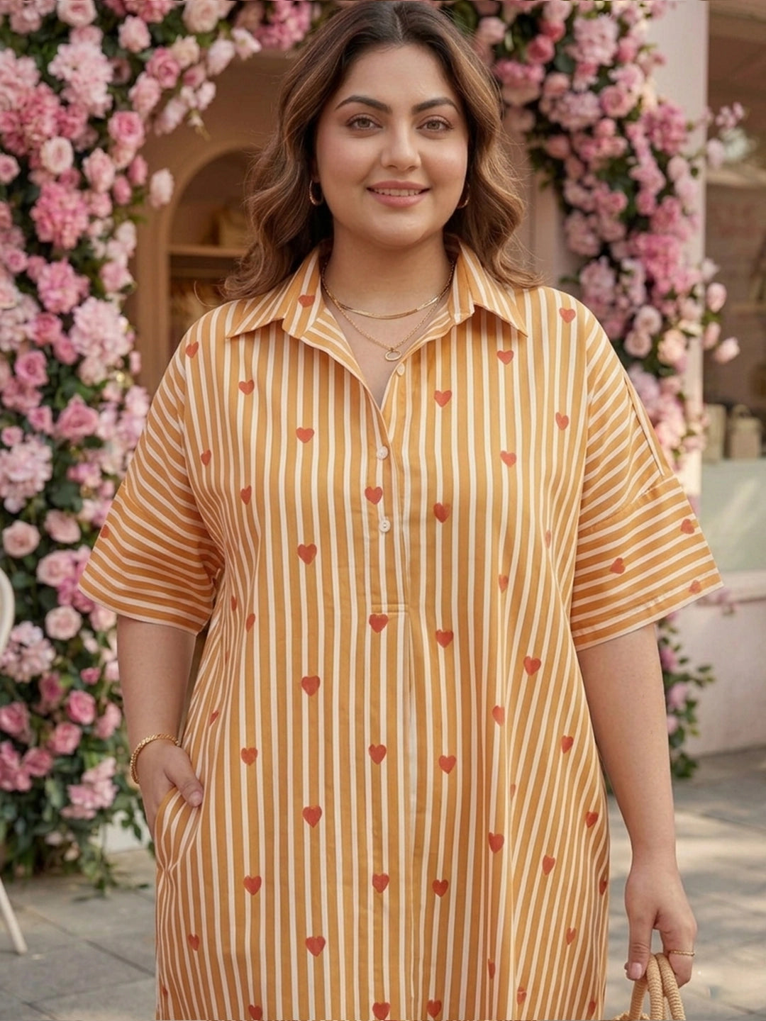Brown heart print stripe oversized dress