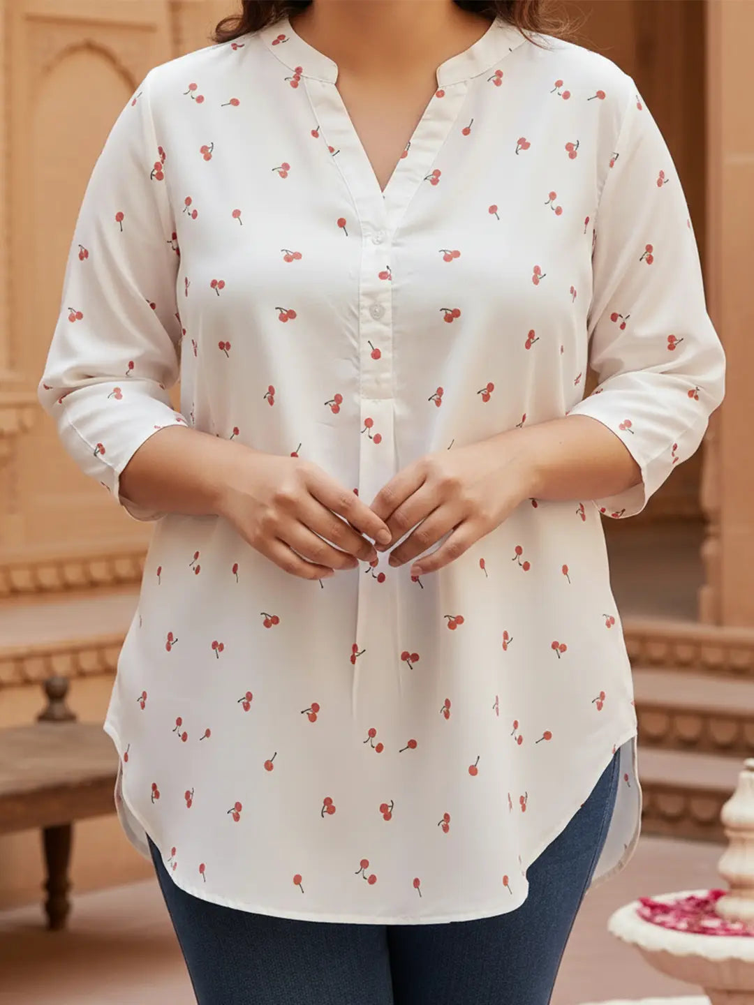 Mandarin collar cherry print shirt