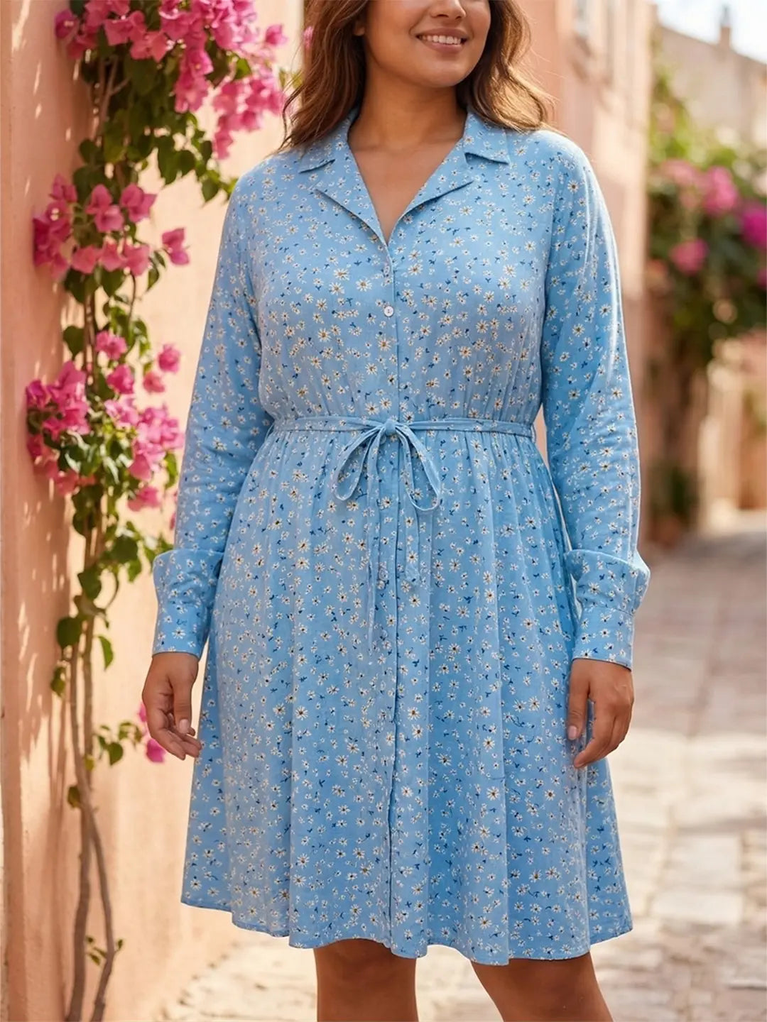 Blue ditsey floral print dress