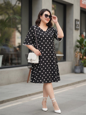Black and White Polka Rayon A-Line Dress