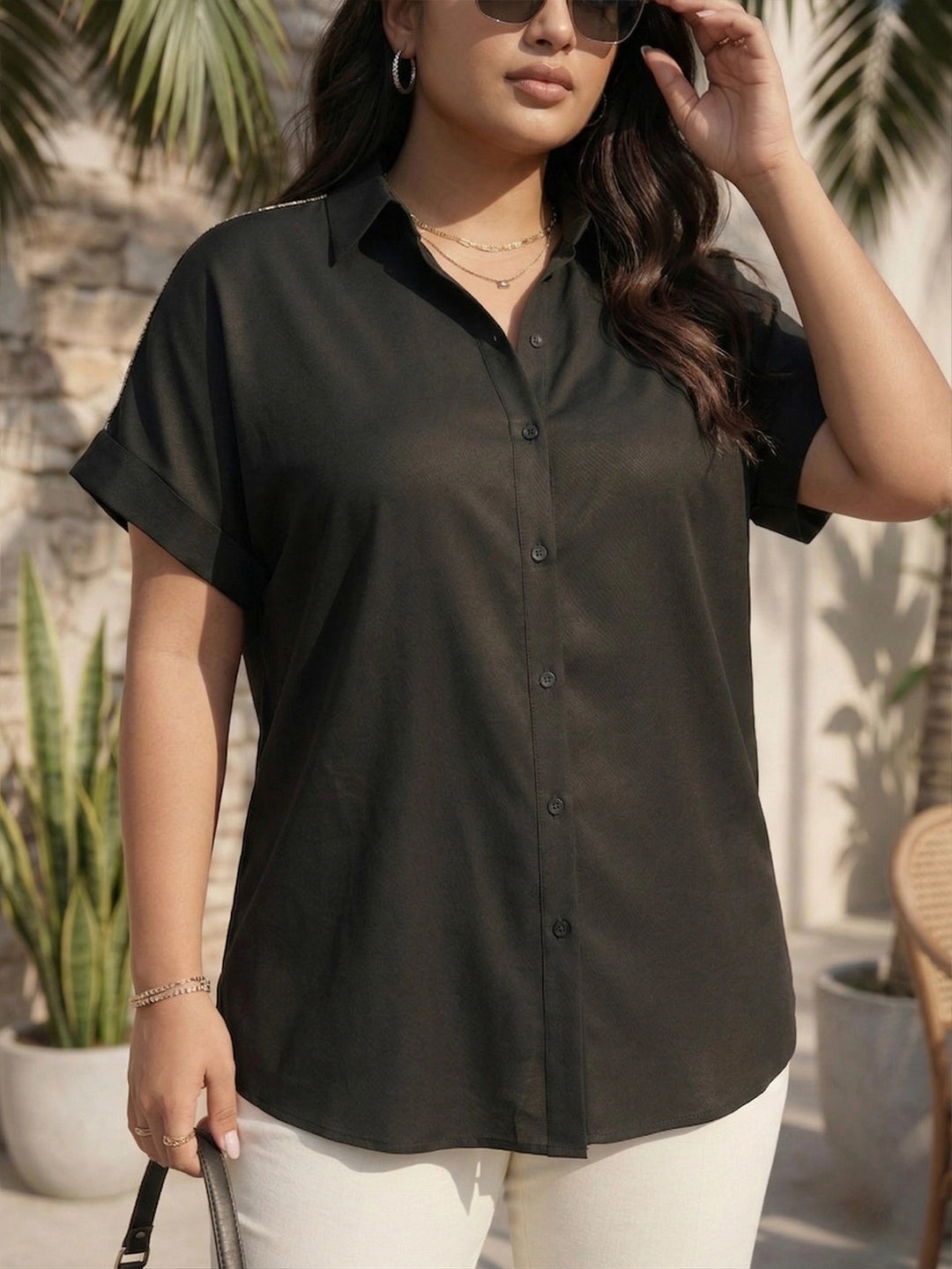 Black rayon shirt with lace embellishment