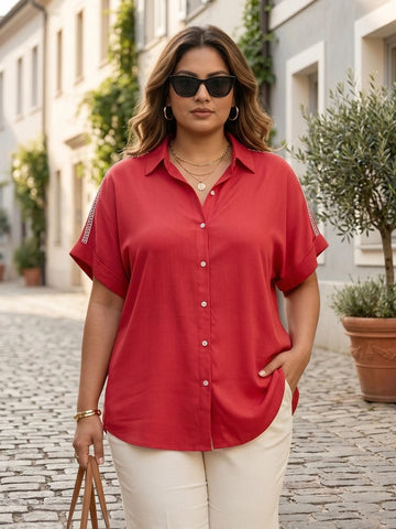 Fuchsia rayon shirt with lace embellishment
